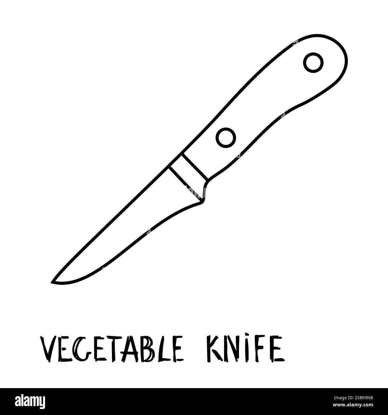 Un dessin détaillé en noir et blanc d'un couteau à légumes, mettant en valeur sa lame tranchante et sa poignée ergonomique. Le couteau est représenté dans un simple et m Illustration de Vecteur
