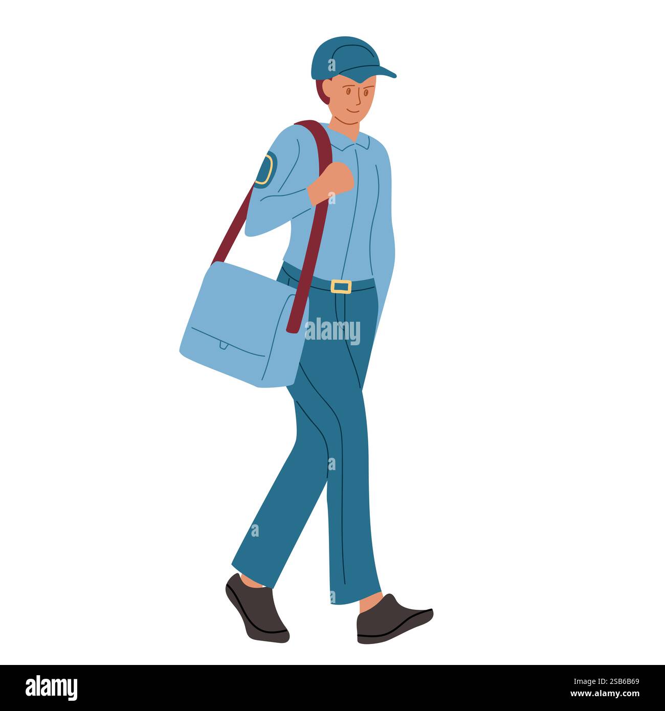 Un coursier vêtu d'un uniforme bleu marche en toute confiance, transportant un sac de messager tout en profitant du plein air sous un ciel dégagé, dépeignant un sentiment de p Illustration de Vecteur
