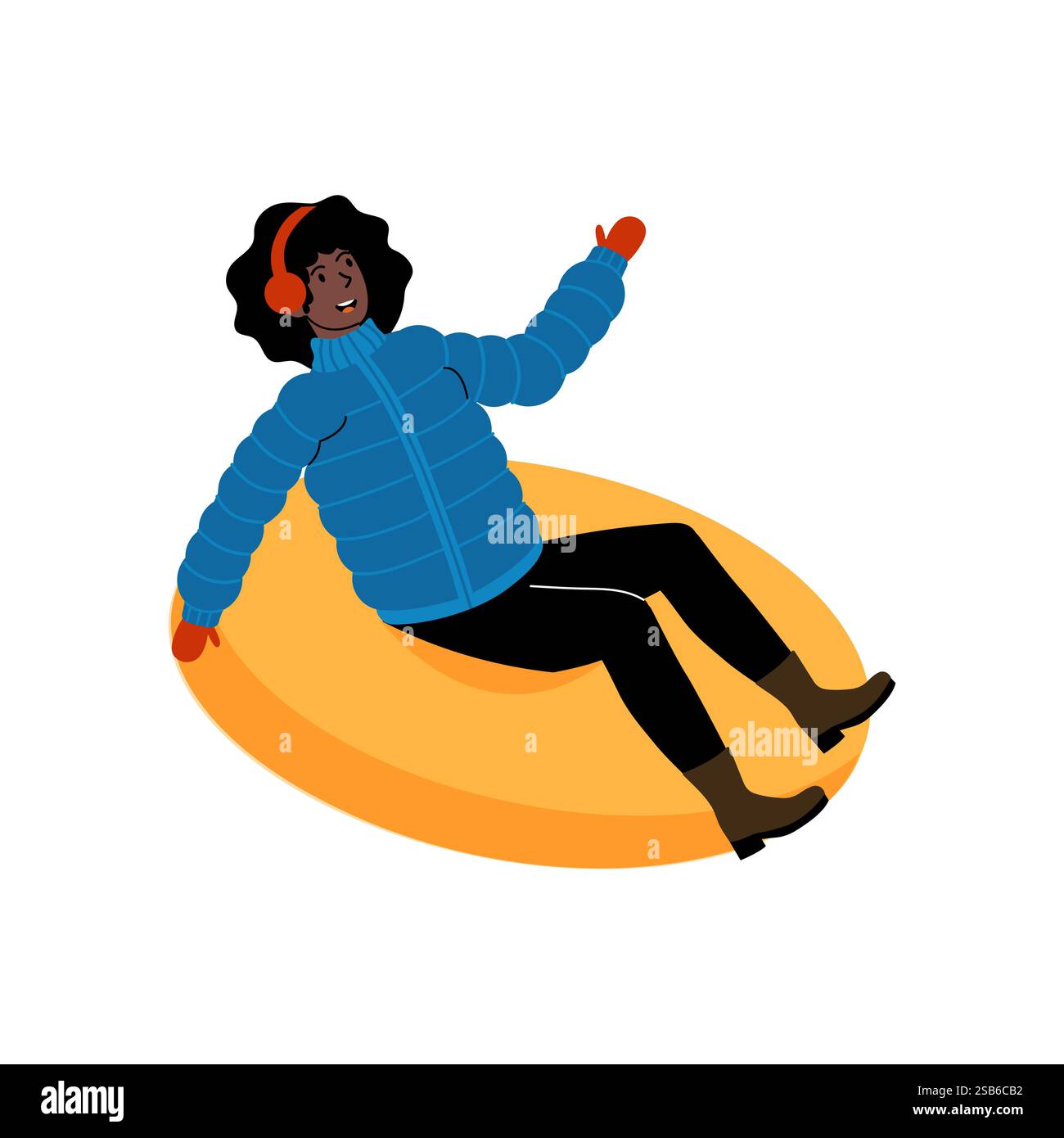Une jeune femme portant une veste bleue et des gants rouges descend en traîneau une colline enneigée. Elle sourit joyeusement, profitant du sport d'hiver tout en étant groupée pour Illustration de Vecteur