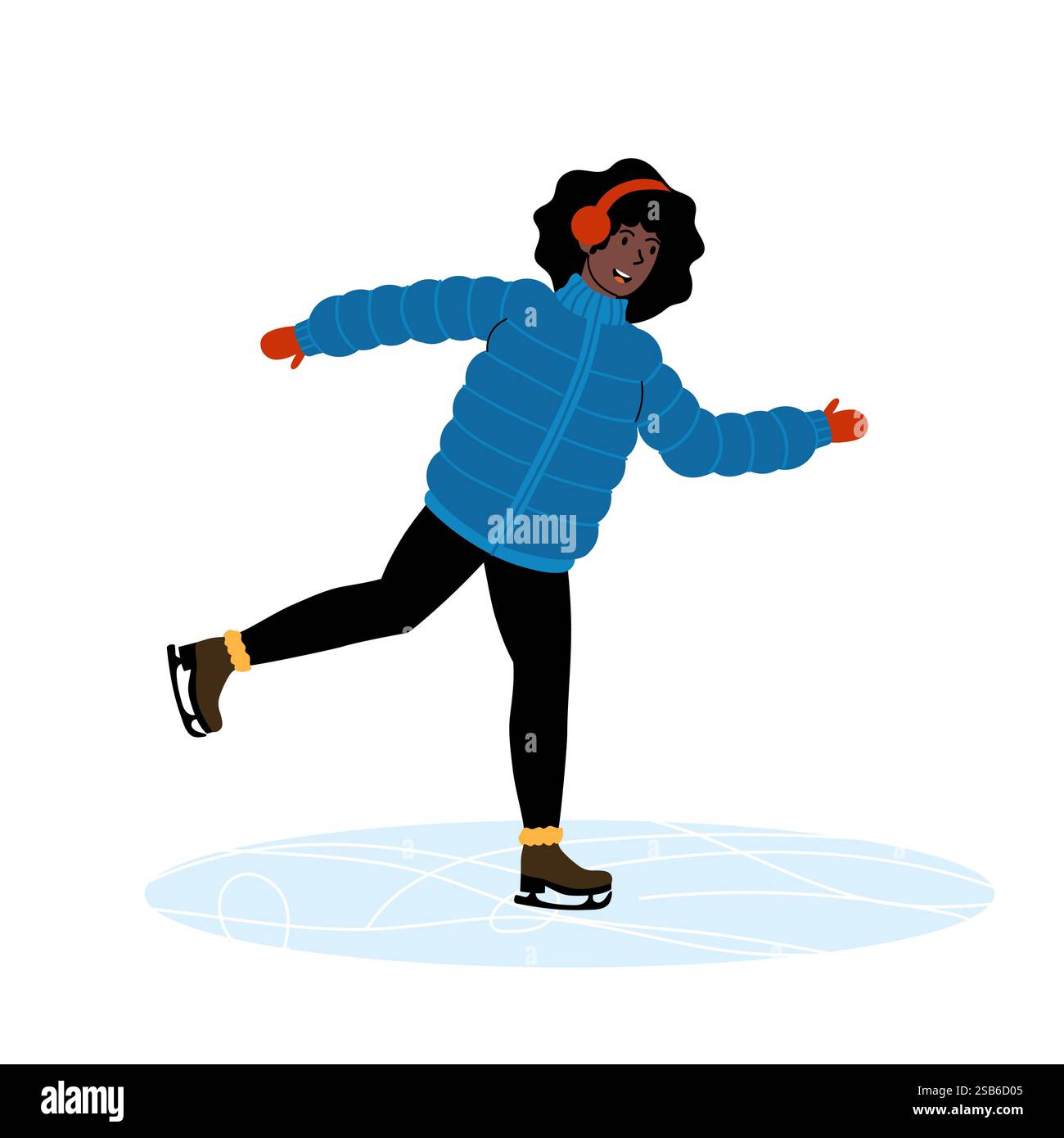 Une jeune personne patine joyeusement sur une surface de glace. Vêtus d'une veste bouffante bleue, de couvre-oreilles et de gants, ils affichent un sentiment de plaisir et de plaisir hivernal Illustration de Vecteur