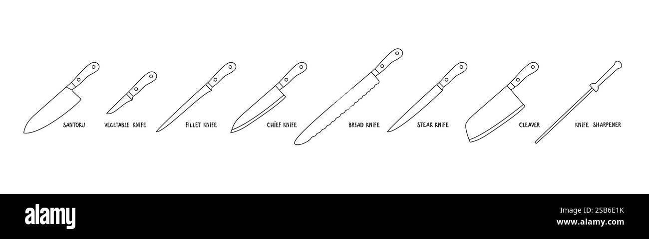 Ce dessin représente cinq couteaux différents disposés ensemble. Chaque couteau varie en taille, forme et type de lame, présentant une variété d'outils de cuisine Illustration de Vecteur