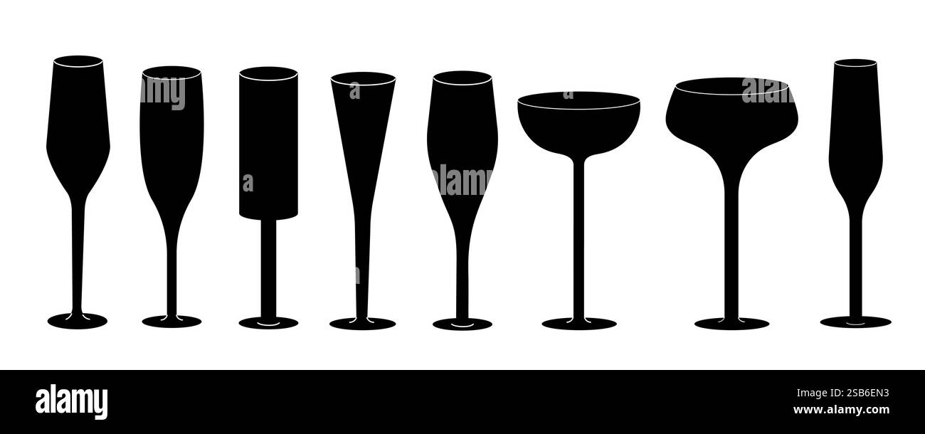 Une rangée de neuf silhouettes noires de divers verres à vin, y compris des flûtes à champagne, des verres à vin et des verres à cocktail, placées contre un fond blanc Illustration de Vecteur