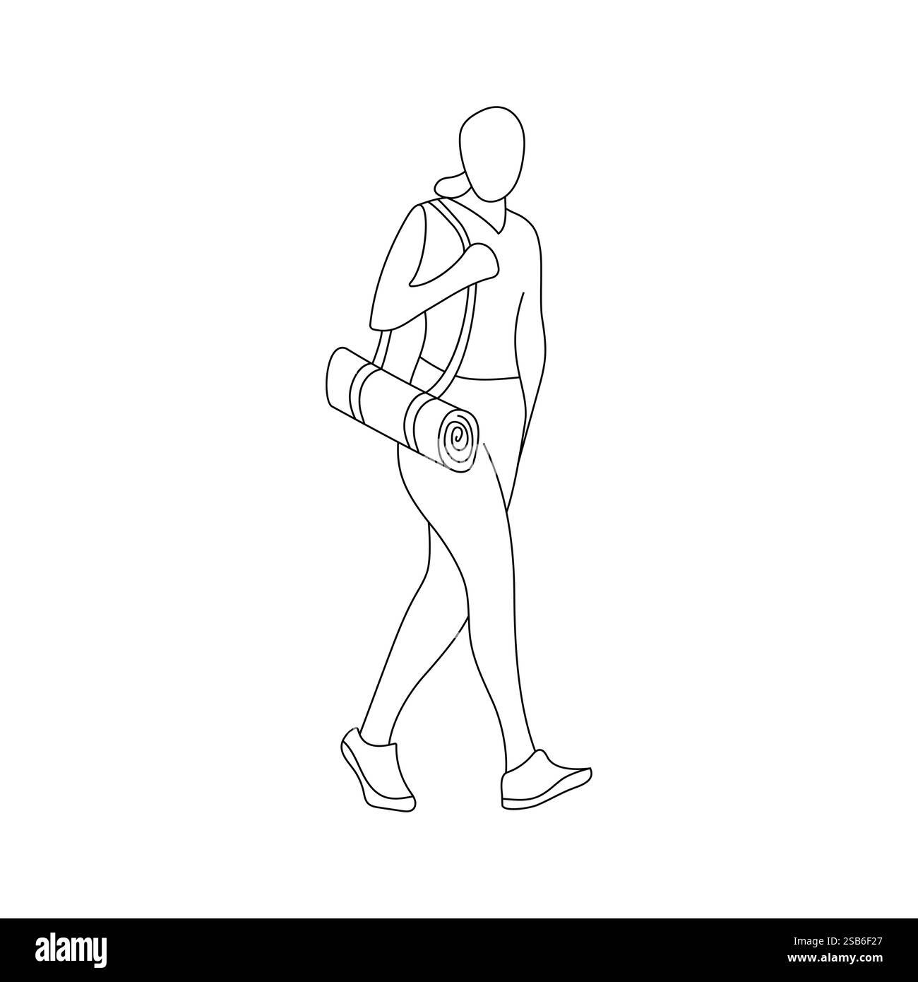 Une personne marche en toute confiance tout en portant un tapis de yoga roulé sur son épaule, vêtue de vêtements sportifs décontractés, se préparant à un cours de fitness i. Illustration de Vecteur
