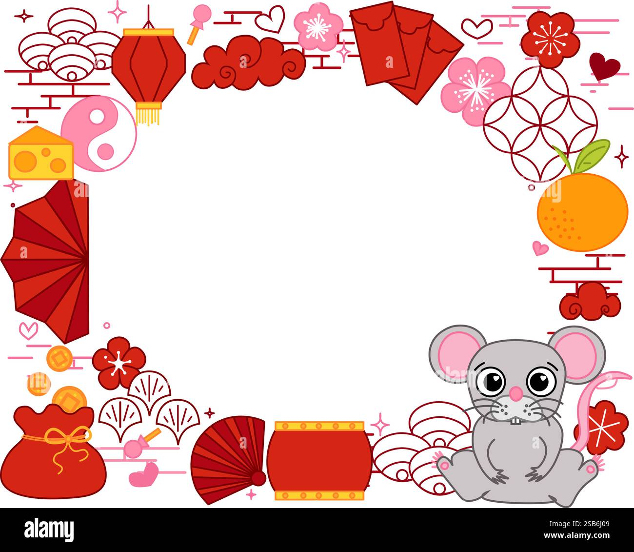 CNY nouvel an chinois 2032 souris rat. Cadre rectangle de festival de lanterne du nouvel an lunaire avec modèle ovale pour le produit de spectacle. Carte de voeux. Graphes vectoriels Illustration de Vecteur