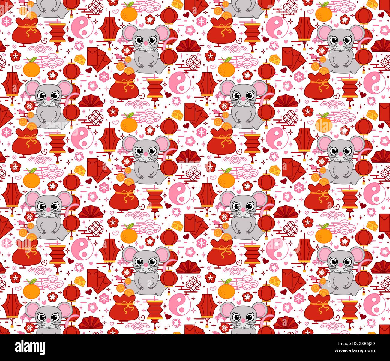 Lunar New Year 2032 souris rat vecteur Seamless Pattern. Red Lantern et Fortune Elements. CNY fond pour fonds d'écran, jeux d'arcade et décor festif Illustration de Vecteur