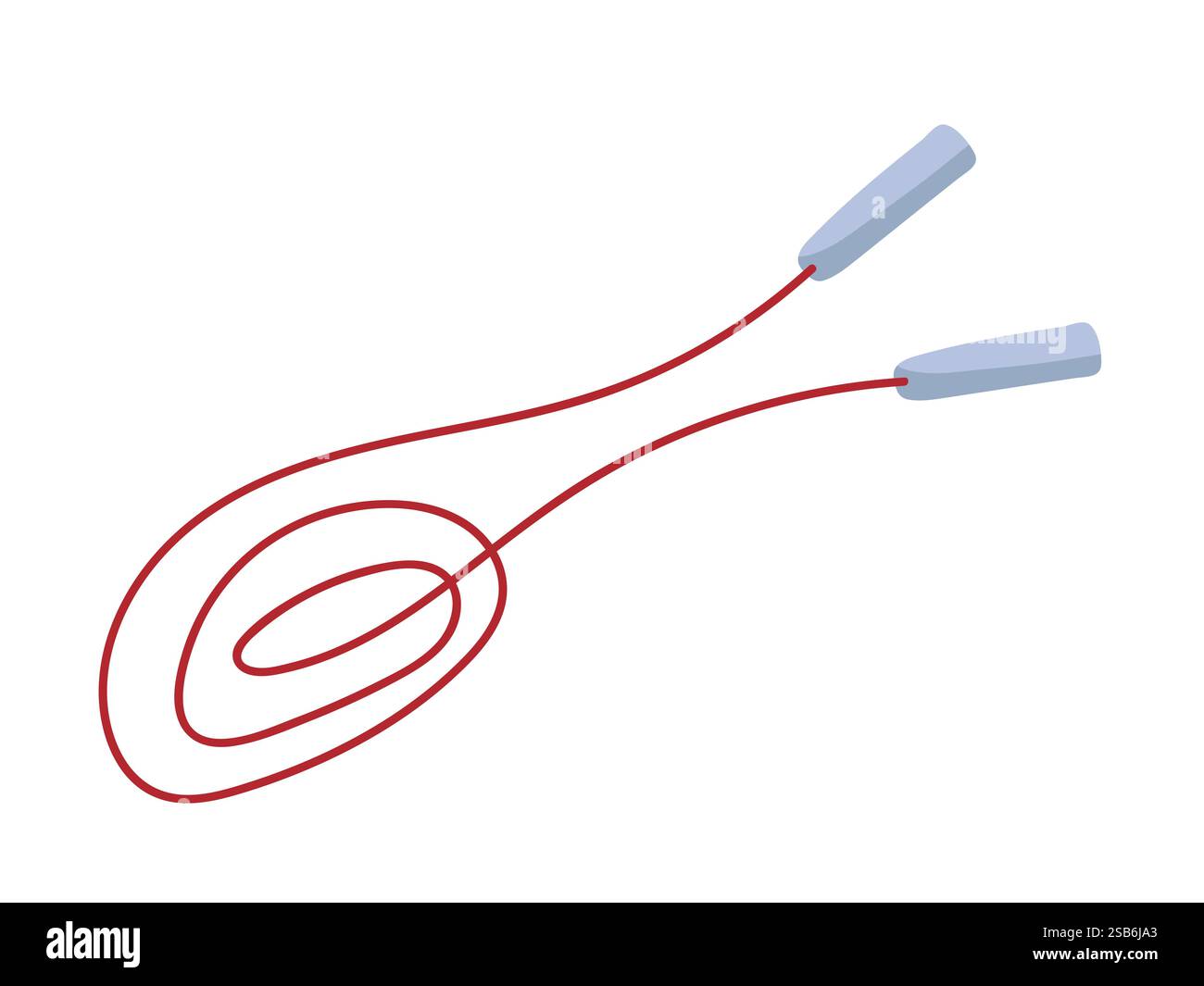Une corde à sauter se trouve décontractée enroulée sur une surface blanche, avec un cordon rouge vif et des poignées bleu clair. La simplicité souligne son utilité pour fitne Illustration de Vecteur