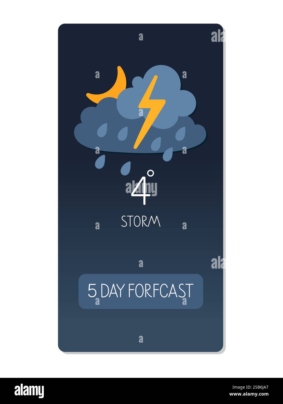 Un affichage numérique révèle les conditions météorologiques orageuses avec pluie et foudre, indiquant une température froide. Illustration de Vecteur