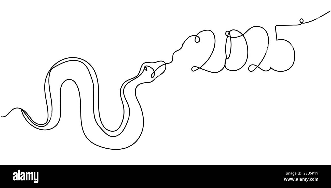 Un dessin au trait continu représente un serpent enroulé sans couture autour des chiffres représentant l'année 2025, mettant en valeur une interprétation artistique unique Illustration de Vecteur