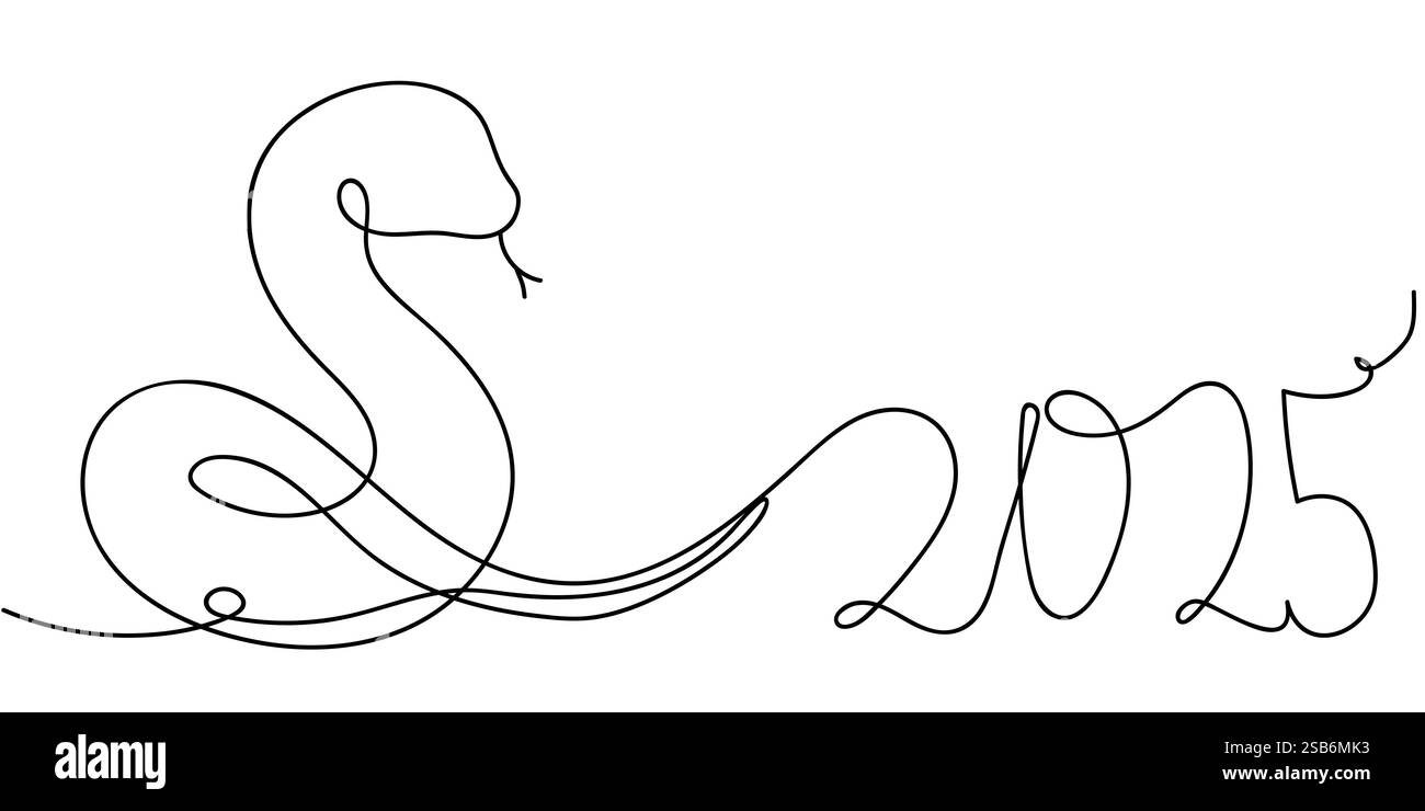 Un dessin au trait délicat met en valeur un serpent entrelacé avec les chiffres de l'année 2025, mettant l'accent sur la simplicité et la fluidité du design. Les illustrations Illustration de Vecteur