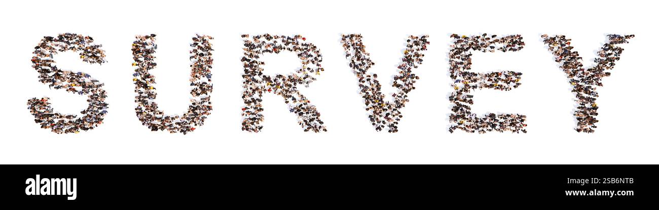 Concept ou vaste communauté conceptuelle de personnes formant le mot SONDAGE. métaphore d'illustration 3d pour le feedback et la notation, l'évaluation Banque D'Images