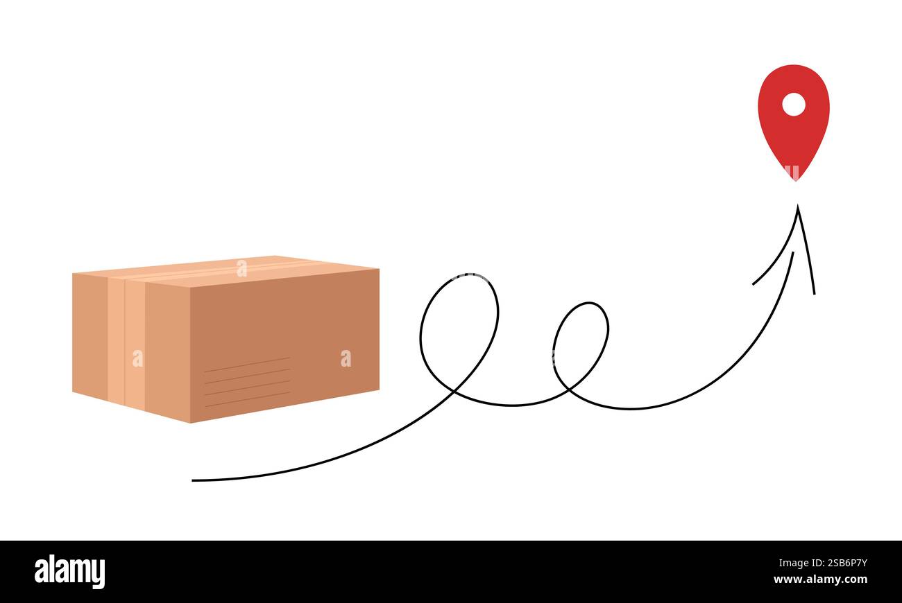 Une boîte en carton brun est montrée sur son trajet, représentée par une ligne enroulée menant à une épingle de localisation rouge, indiquant la destination finale sur un SIMP Illustration de Vecteur