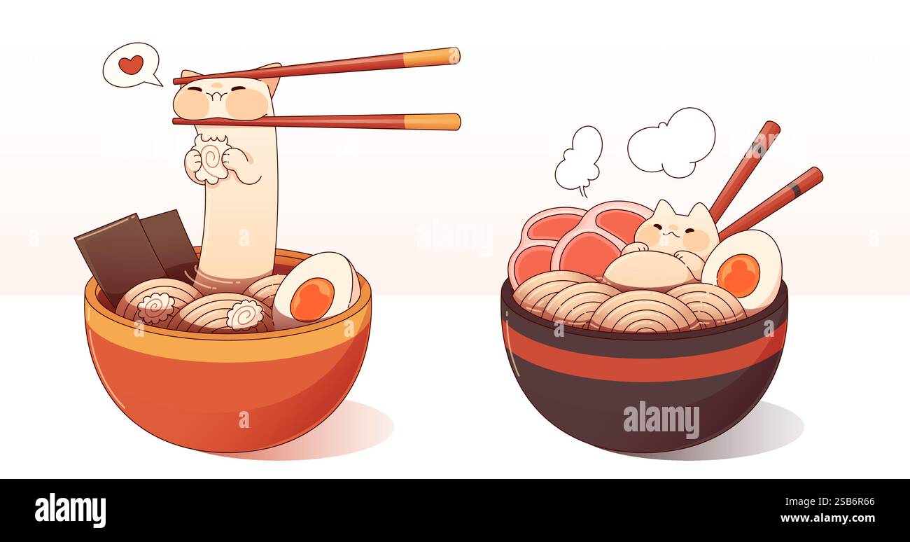 Chats de dessins animés mignons transformés en ingrédients ramen - félin émergeant de nouilles avec des baguettes, petit animal de compagnie reposant sur une tranche de viande fumante. Japonais Illustration de Vecteur