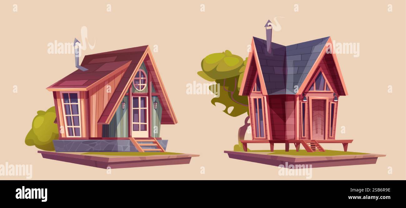Conception de cabane en bois de dessin animé - maisons forestières confortables sur des plates-formes avec des toits inclinés, des fondations en pierre et sur pilotis, des buissons verts et des arbres. Chalet de banlieue g Illustration de Vecteur