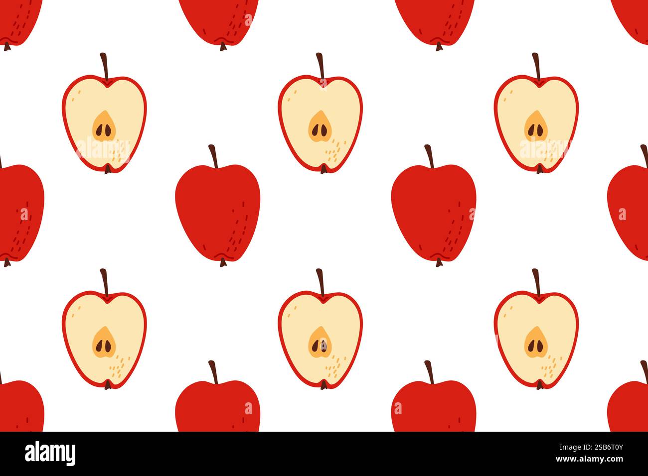 Un motif répétitif montre des pommes rouges vives aux côtés de leurs homologues coupés en deux, révélant des graines. Ce design gai est placé contre un blanc propre Illustration de Vecteur