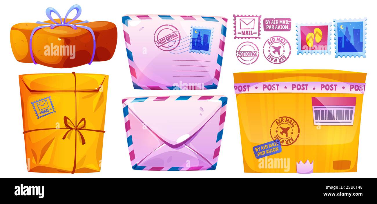 Lettres, timbres-poste et colis sertis isolés sur blanc. Illustration vectorielle de dessins animés d'enveloppes en papier, de boîtes en carton et d'expédition de correspondance Illustration de Vecteur