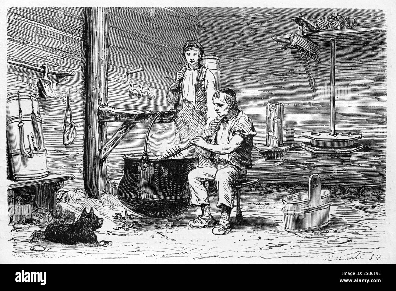 Production traditionnelle de fromage Gruyère en chaudron cuivre de laiterie ou Parlour laitier en dépendance de ferme traditionnelle en Suisse ou en France. Gravure vintage ou historique ou illustration 1887 Banque D'Images
