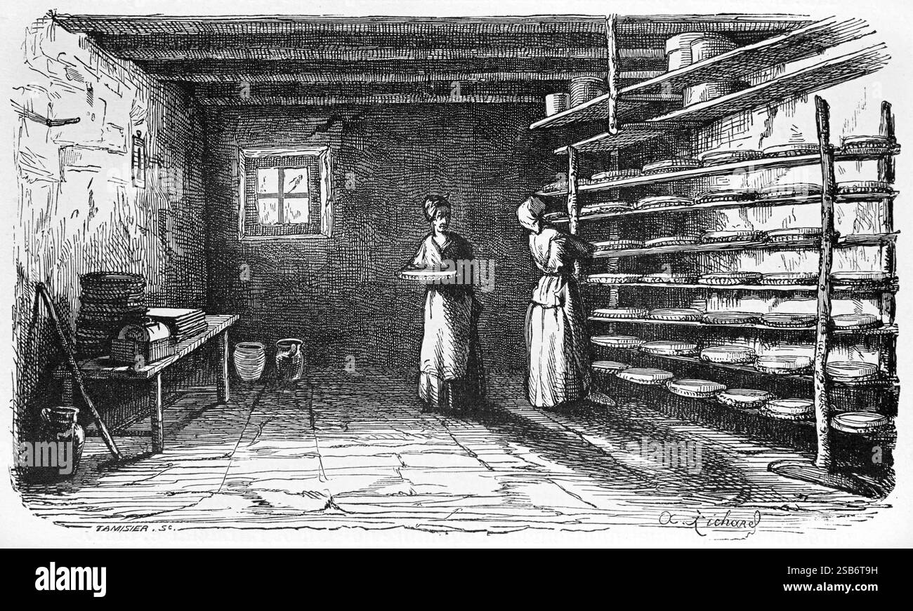Production traditionnelle de Brie Cheese iin laitier ou Parlour laitier en dépendance de la ferme traditionnelle en France. Gravure vintage ou historique ou illustration 1887 Banque D'Images