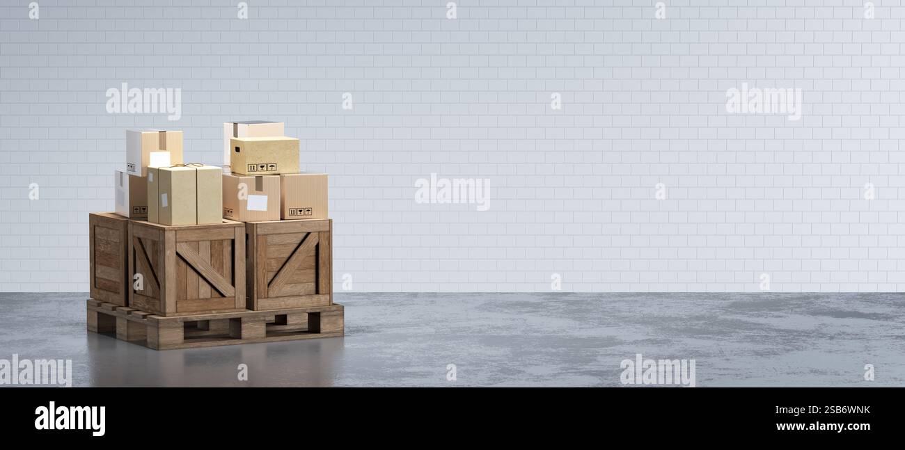 3d illustration du système de livraison des marchandises. Palette en bois avec pile de cartons dans la grande salle industrielle en attente de transport. Banque D'Images