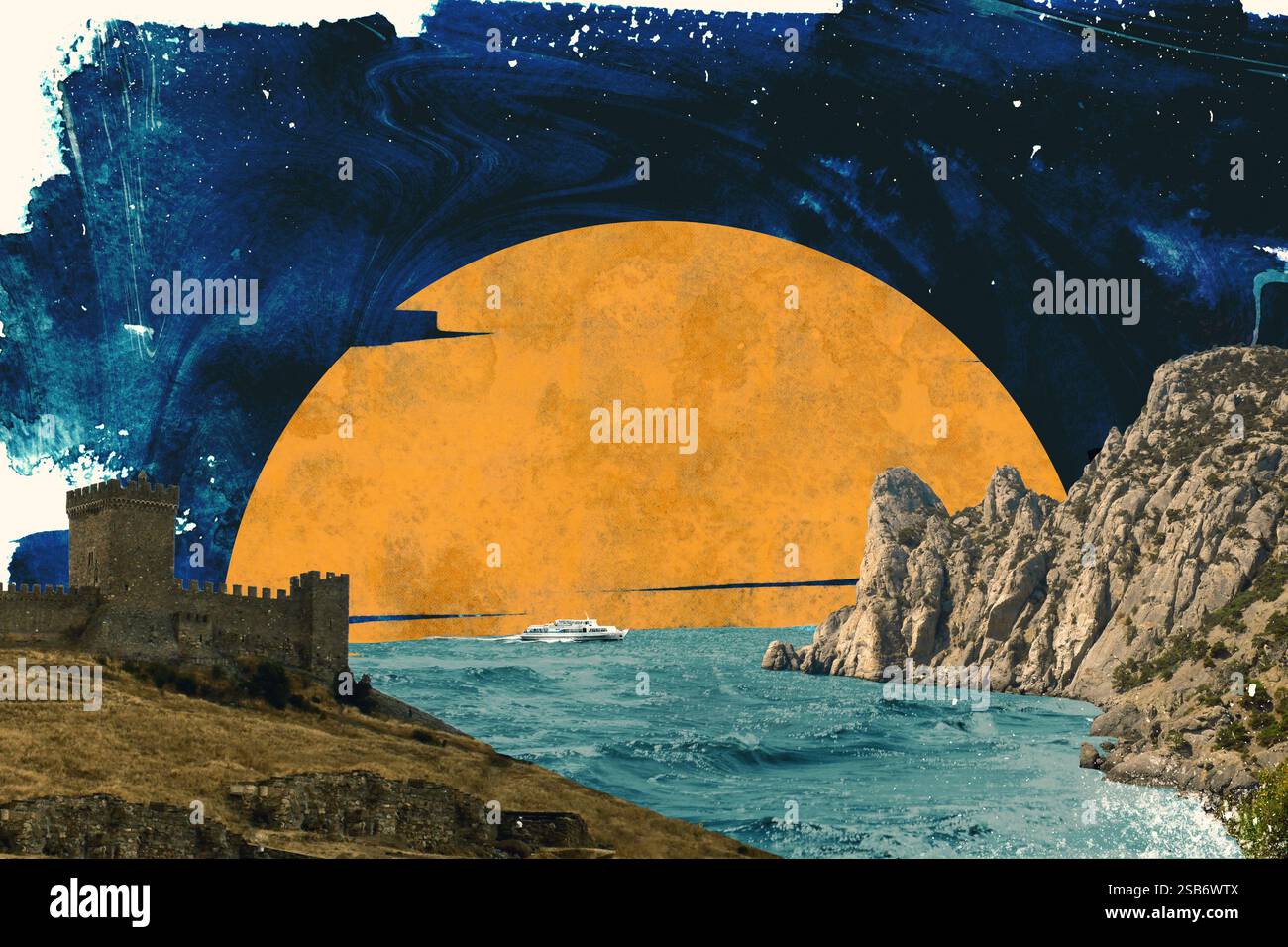 Composition de collage surréaliste faite de photos découpées avec tonification vintage. Paysage marin de forteresse et de rocher le soir du coucher du soleil. Dadaïsme minimaliste contemporain Banque D'Images