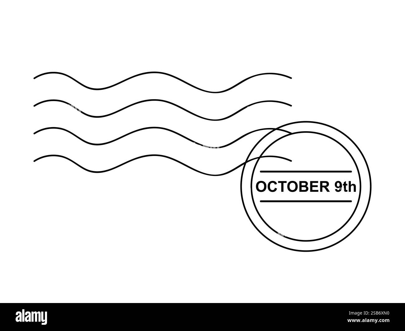 Les lignes ondulées créent un design fluide autour d'un timbre circulaire qui affiche en évidence la date du 9 octobre, suggérant une signification ou une célébration asso Illustration de Vecteur