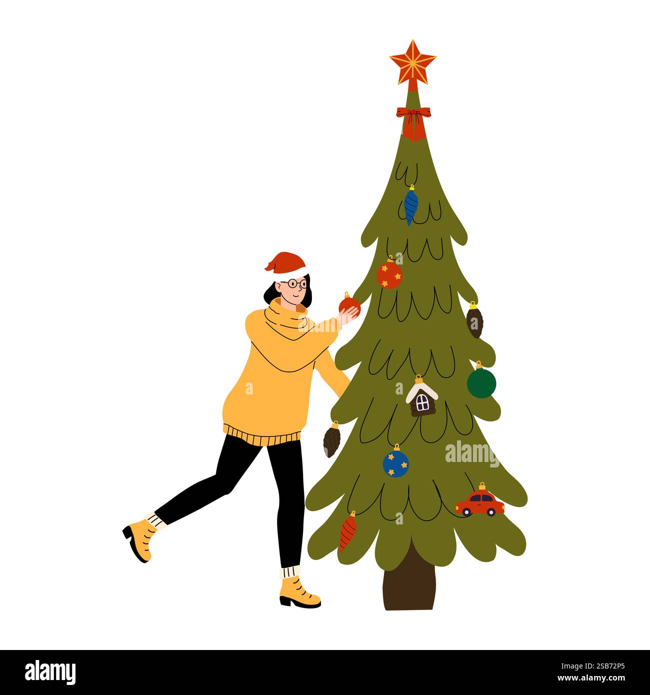 Un jeune individu dans un pull confortable et un chapeau de fête décorent soigneusement un arbre de Noël avec des ornements colorés. La scène capture la joie de t Illustration de Vecteur