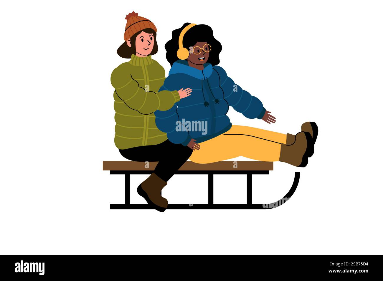 Deux amis sont assis sur un traîneau, riant et portant des vestes d'hiver colorées. La scène capture un joyeux moment hivernal alors qu'ils se préparent à un R amusant Illustration de Vecteur