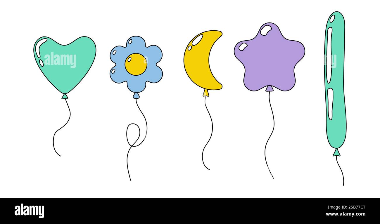 Des ballons en forme de cœur, de fleur, de croissant, d'étoile et de forme allongée flottent, prêts à rehausser une atmosphère de fête. Illustration de Vecteur