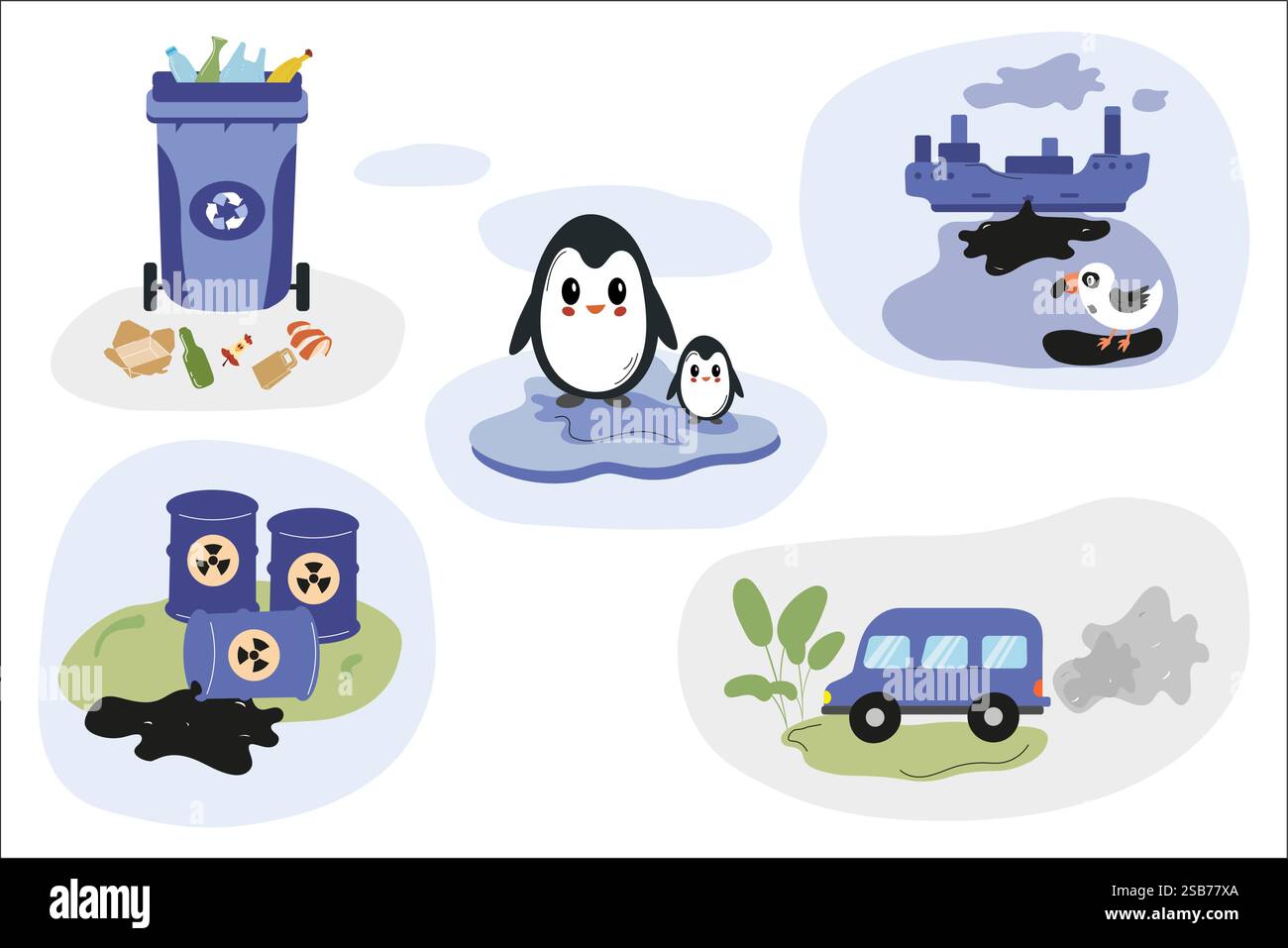 Les manchots de dessins animés se tiennent sur un paysage pollué entouré de déchets, de déversements d'hydrocarbures et d'émissions de véhicules. L’image met en évidence les impacts de pollu Illustration de Vecteur