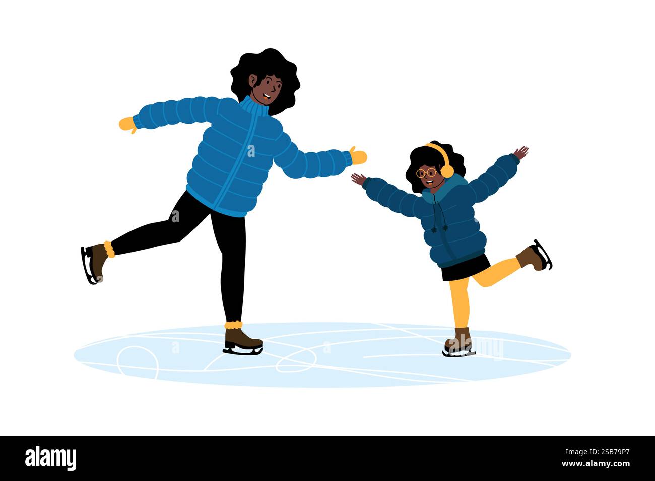 Une femme et une fille patinent sur la glace, s'amusant ensemble. Tous deux portent des vêtements chauds, souriants et partageant un moment joyeux dans un décor hivernal. Illustration de Vecteur