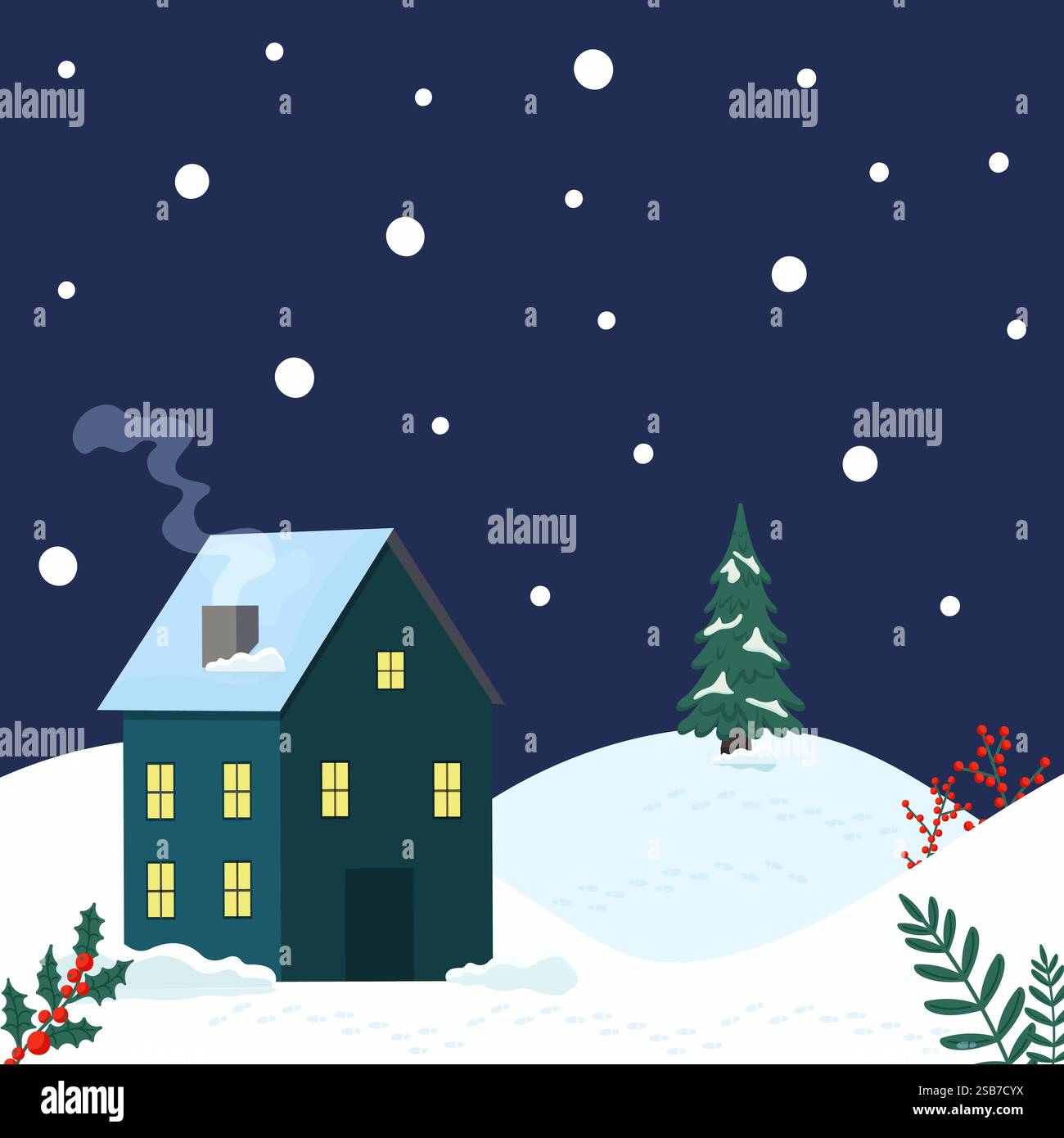 Une scène de nuit d'hiver confortable avec une maison enneigée et un arbre de Noël en arrière-plan Illustration de Vecteur