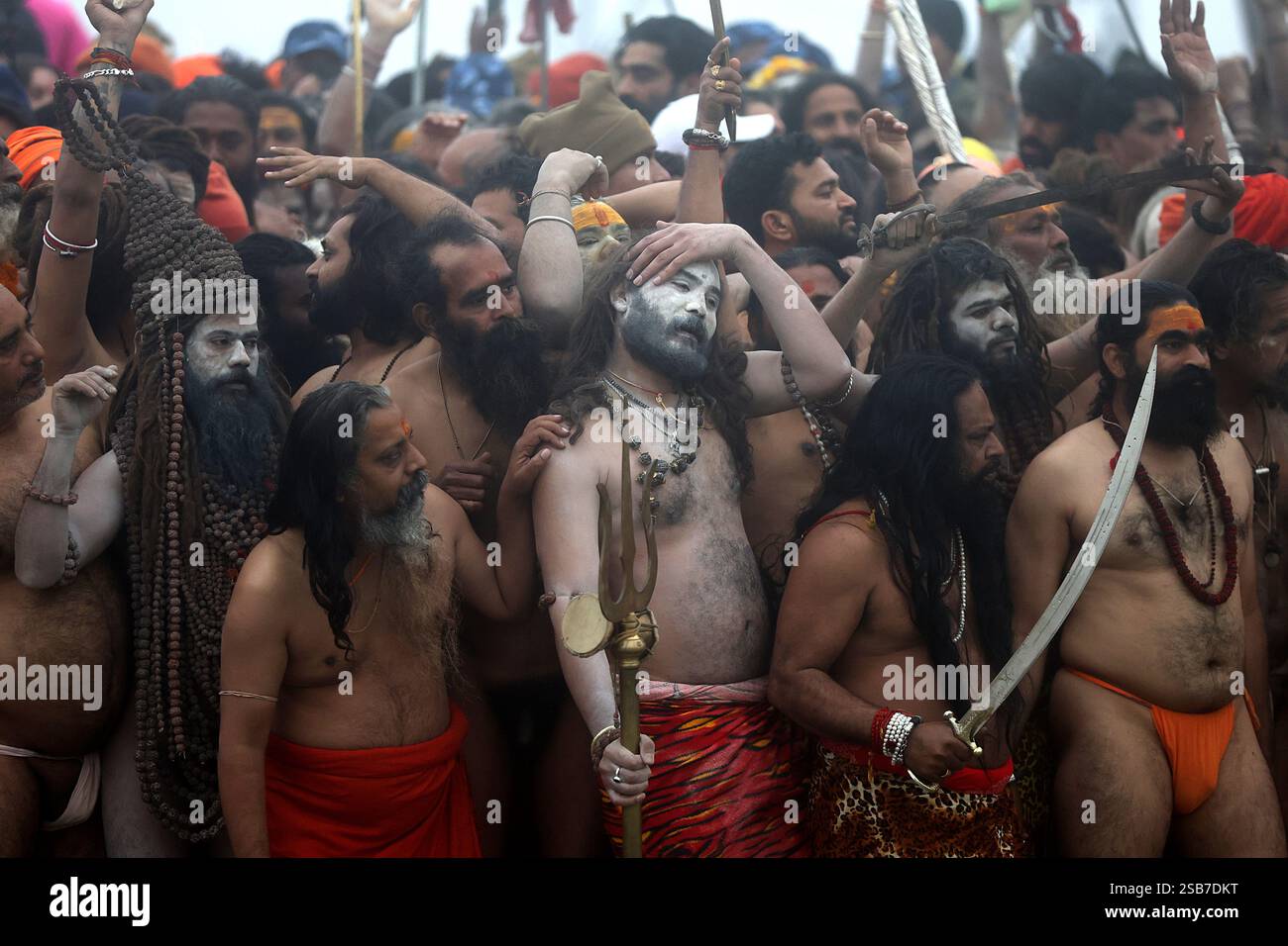 Holymen et d'autres prennent un bain sacré à l'occasion du festival Makar Sankranti en cours Maha Kumbh Mela 2025 à Prayagraj, Inde. Banque D'Images