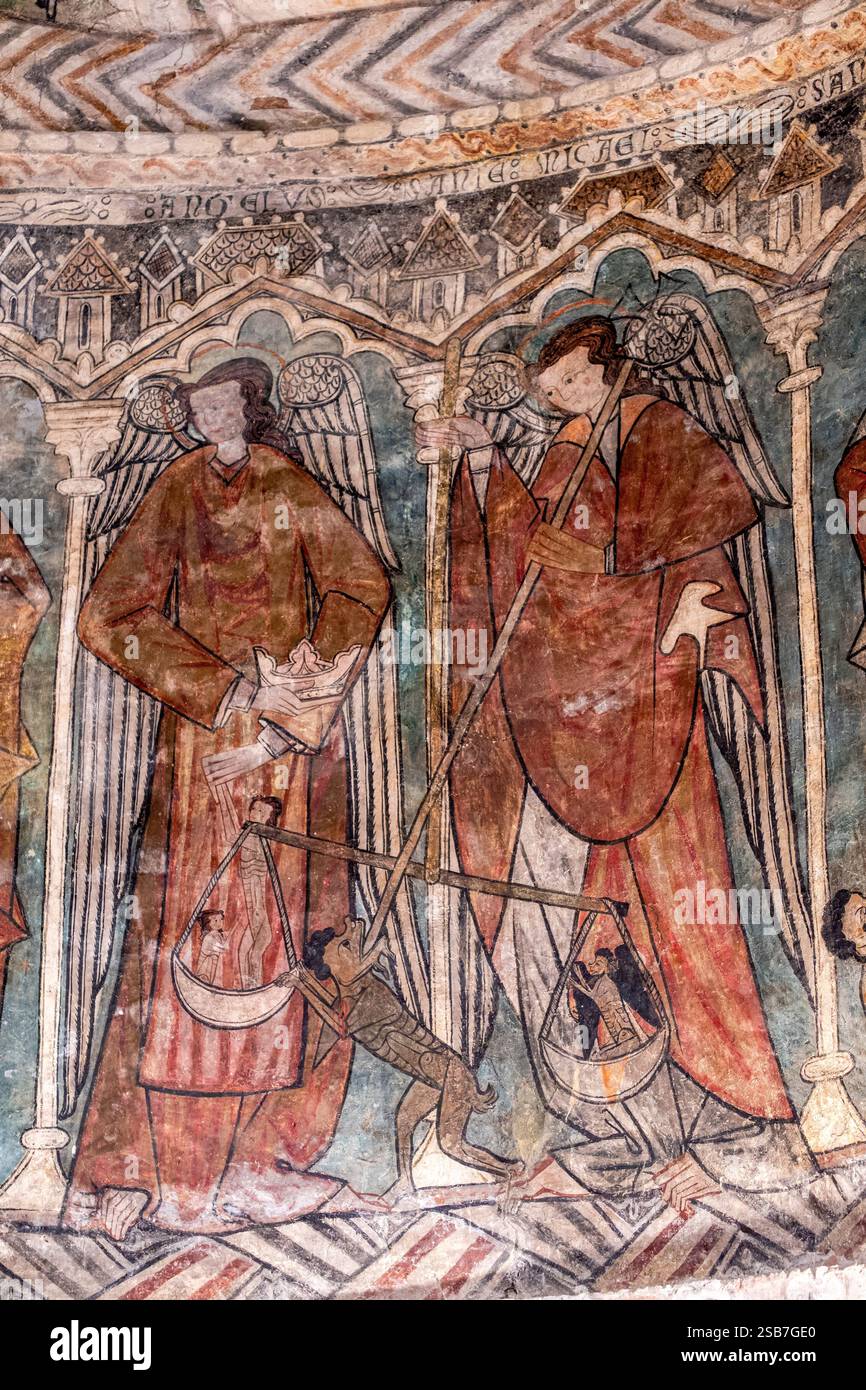 Peintures gothiques, pesée des âmes, Eglise de San Martín de Tours, Gazeo, Álava, Espagne, Europe. Banque D'Images