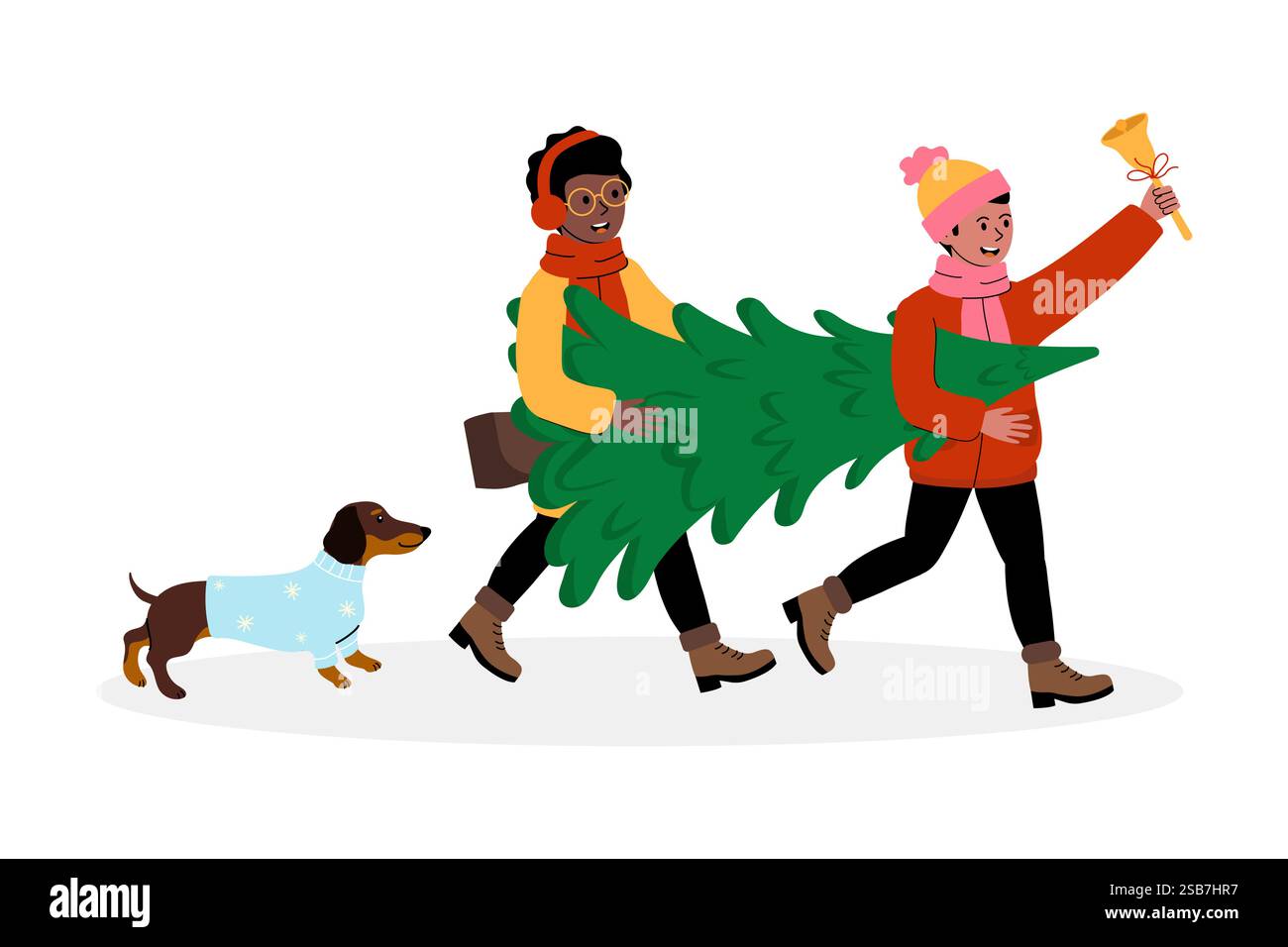 Les amis portent un sapin de Noël tout en marchant avec un chien en tenue d'hiver Illustration de Vecteur
