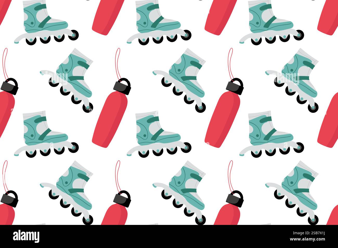 Motif avec patins à roulettes et bouteilles d'eau sur fond blanc Illustration de Vecteur