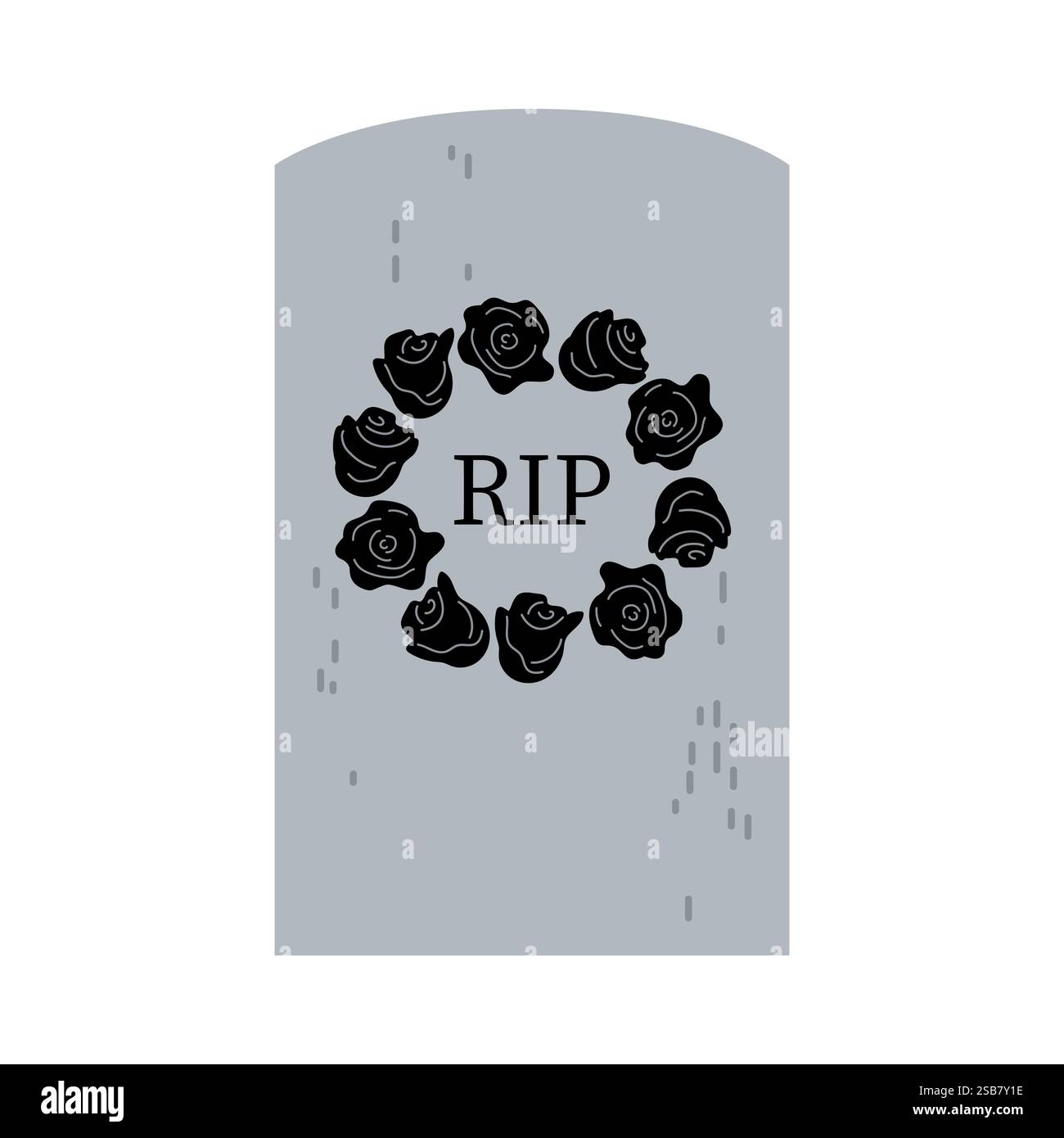 Les roses noires ornent un marqueur funéraire avec l'inscription Rip dans un décor sombre Illustration de Vecteur