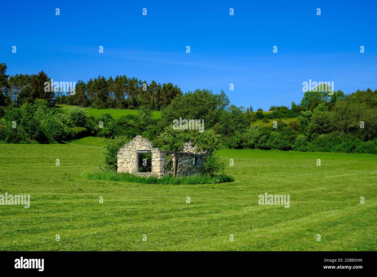 Ruine délabrée d'une cabane en pierre sur un pré fraîchement tondu, Münsingen, Bade-Württemberg, Alb souabe, Allemagne. Banque D'Images
