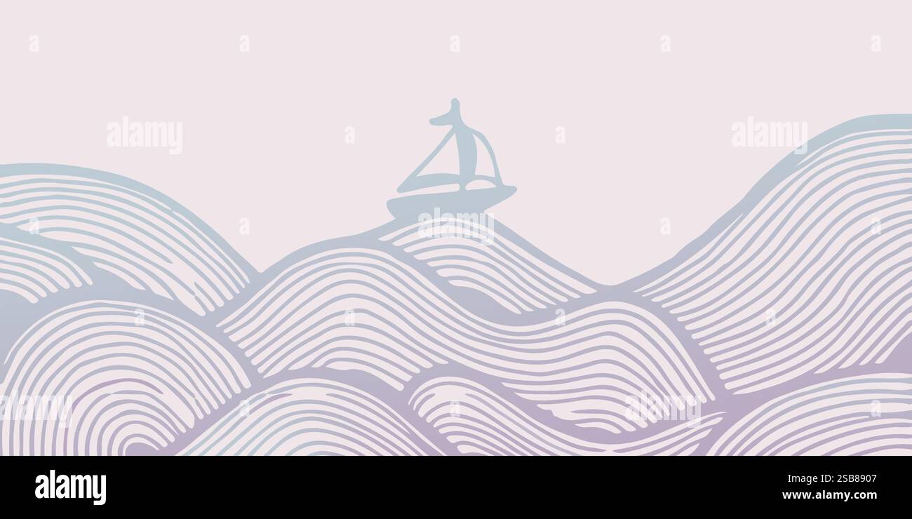 Bateau flottant au sommet d'une vague dans l'océan Illustration de Vecteur