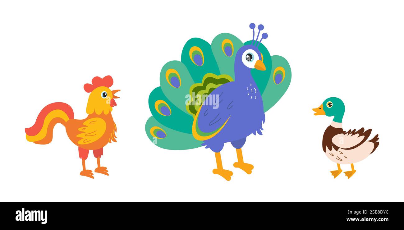 Oiseaux de bande dessinée colorés debout ensemble dans un arrangement ludique Illustration de Vecteur