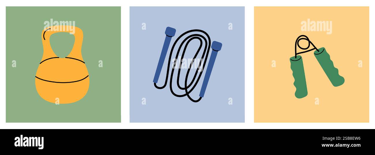 Un kettlebell, une corde à sauter et des pinces à main sont représentés sur un fond coloré Illustration de Vecteur