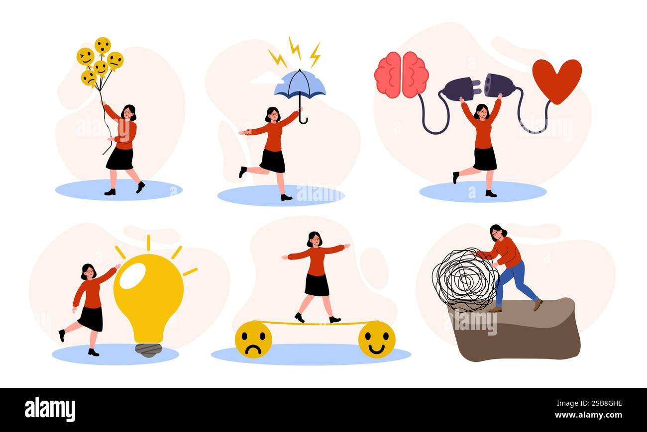 Explorer les émotions à travers des illustrations ludiques représentant la joie, les défis et la créativité Illustration de Vecteur