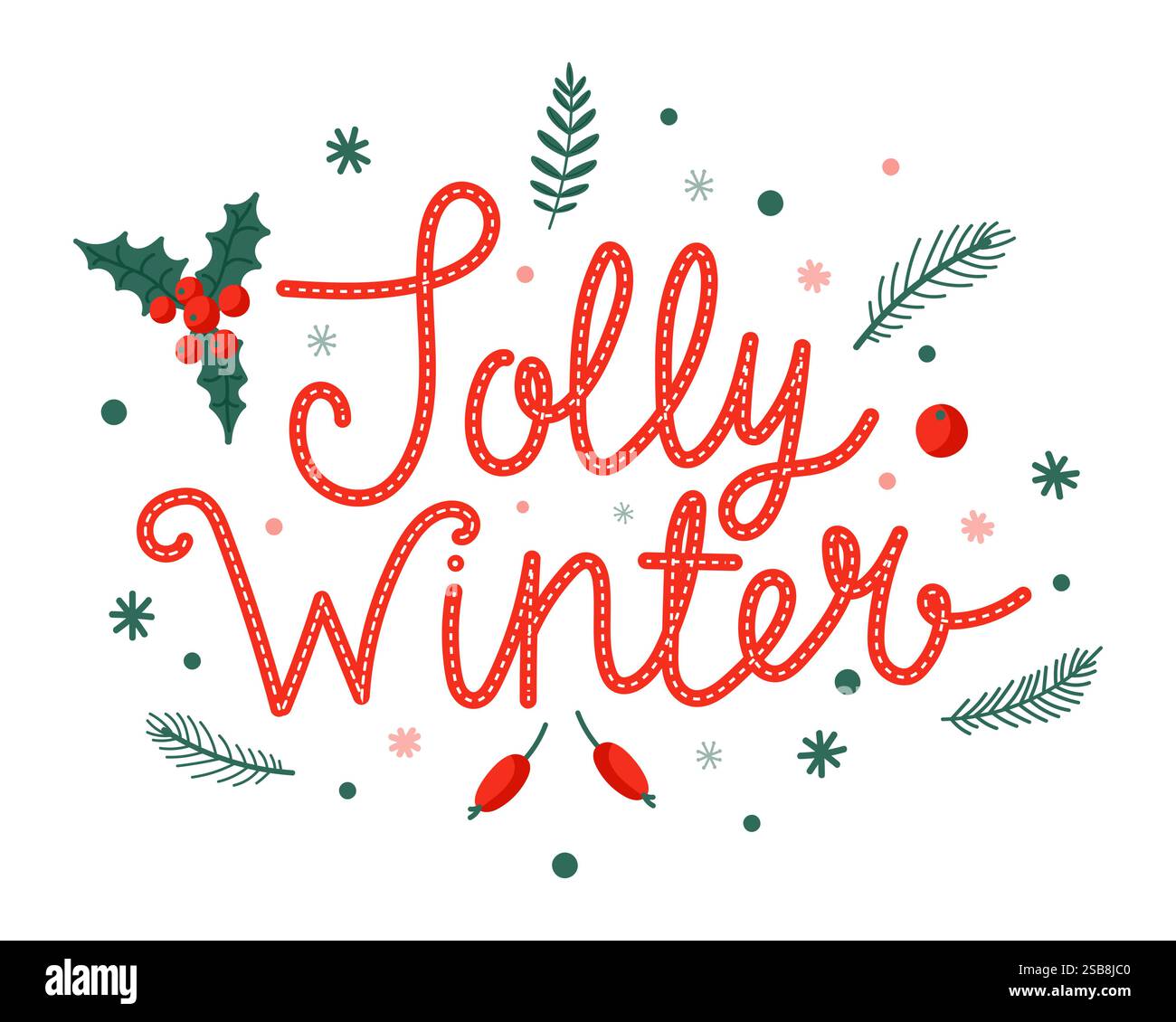 Motif créatif sur le thème de l'hiver avec les mots Jolly Winter et des éléments de feuillage festifs Illustration de Vecteur