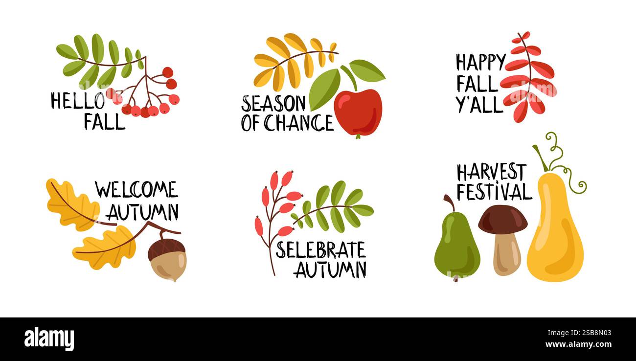 Ensemble d'automne de phrases dessinées à la main avec des éléments de conception mignons et confortables. Chute, Illustration de Vecteur