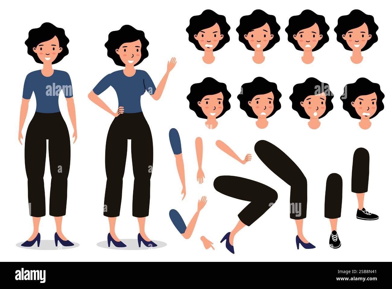 Dessin de personnage féminin de dessin animé avec diverses poses, expressions Illustration de Vecteur