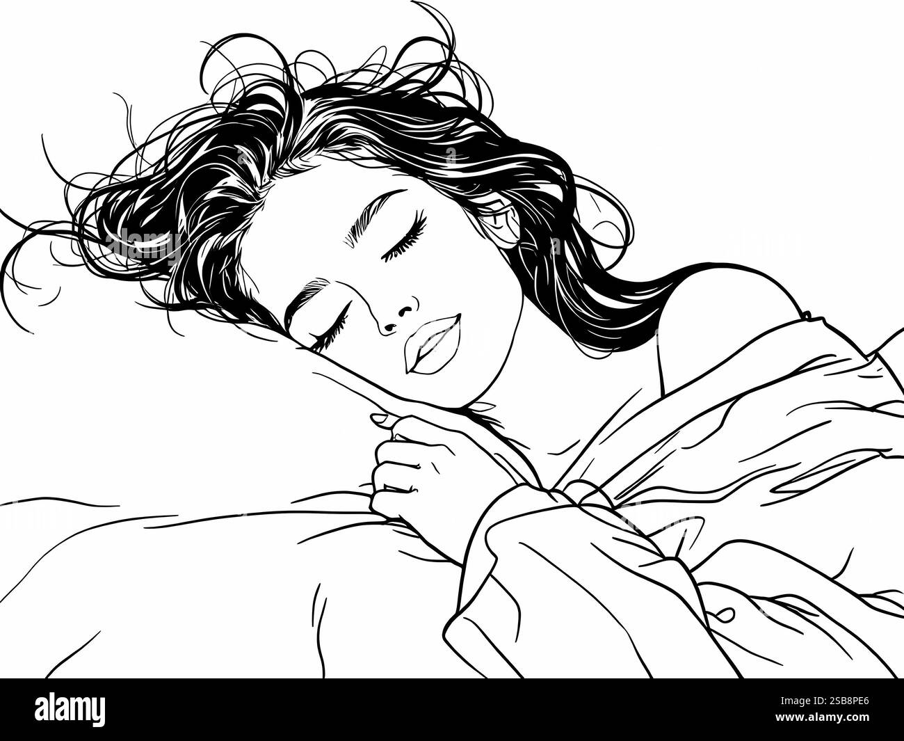 Femme paisible dormant dans le lit Banque D'Images