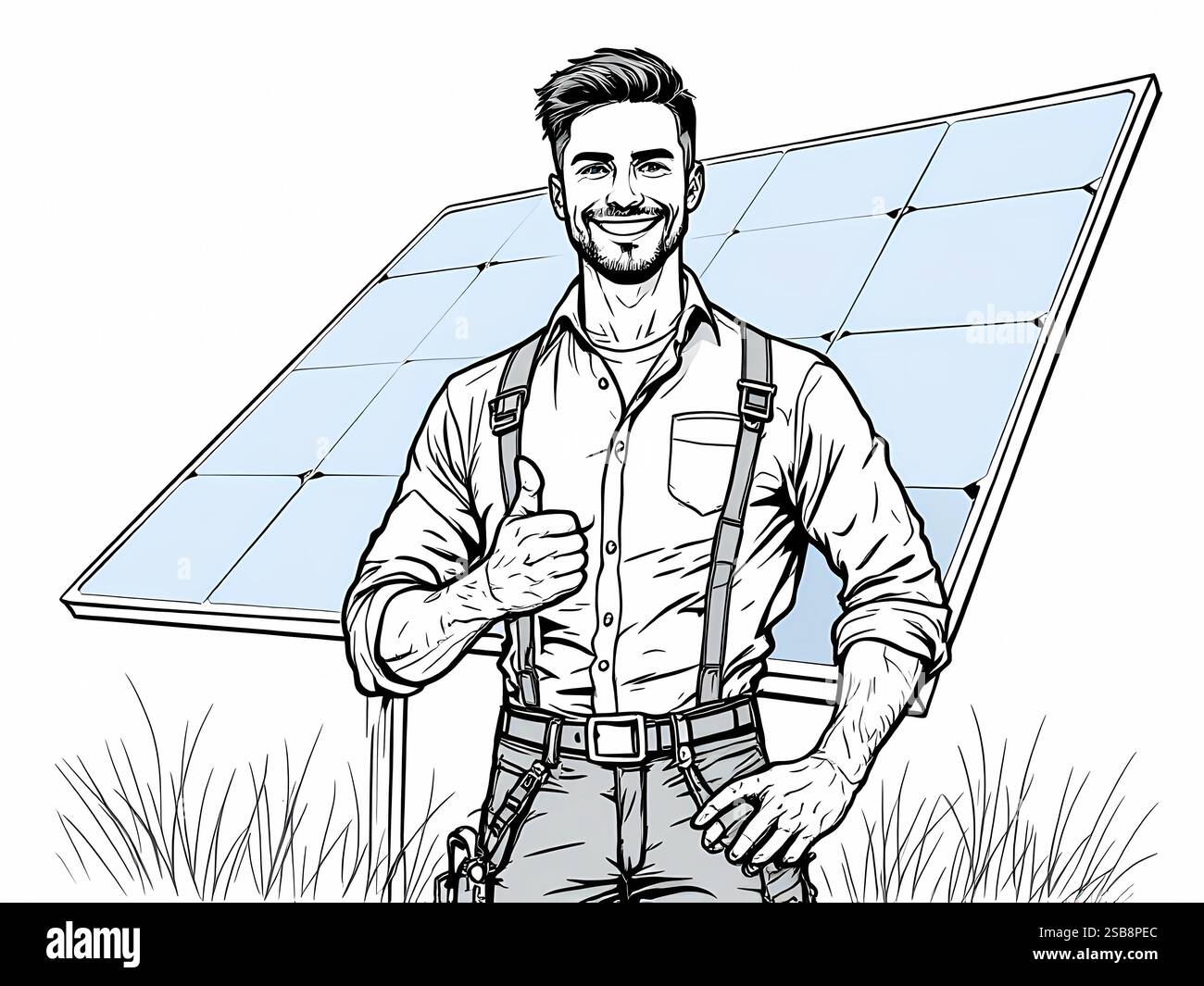Technicien souriant avec illustration de panneau solaire Banque D'Images