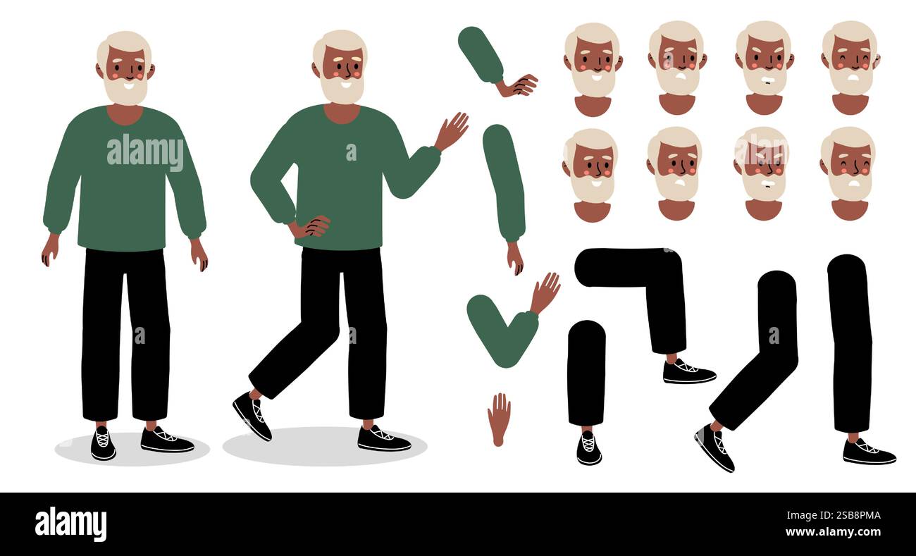 Une collection d'éléments de conception de personnages mettant en vedette un homme âgé marchant avec diverses expressions Illustration de Vecteur