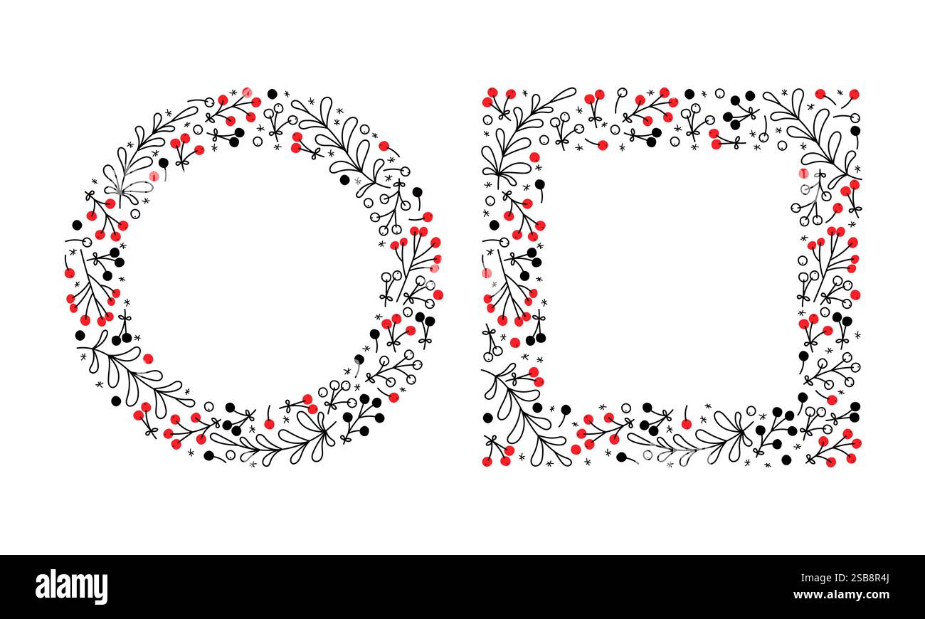 Bordures florales décoratives avec baies rouges et dessins au trait complexes pour les projets de design Illustration de Vecteur