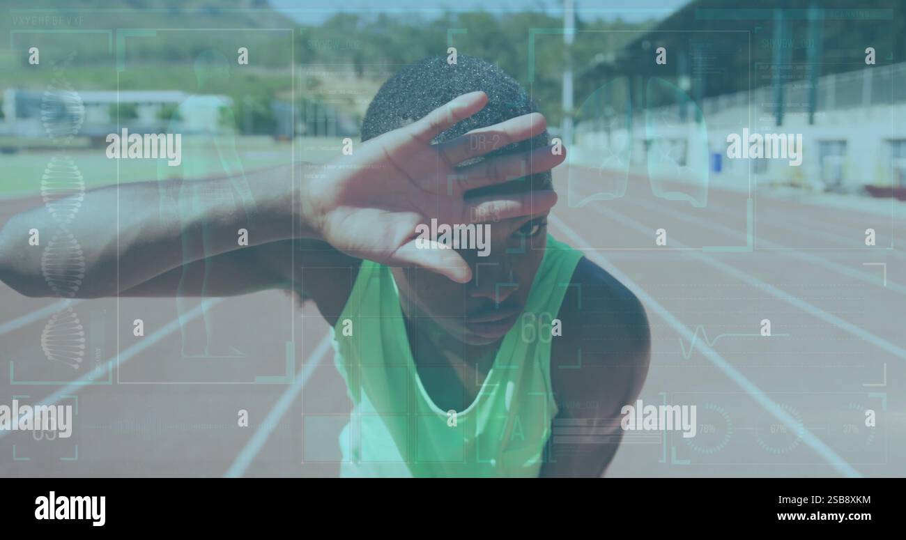 Athlète sur la piste avec ADN et superposition d'image de traitement de données Banque D'Images