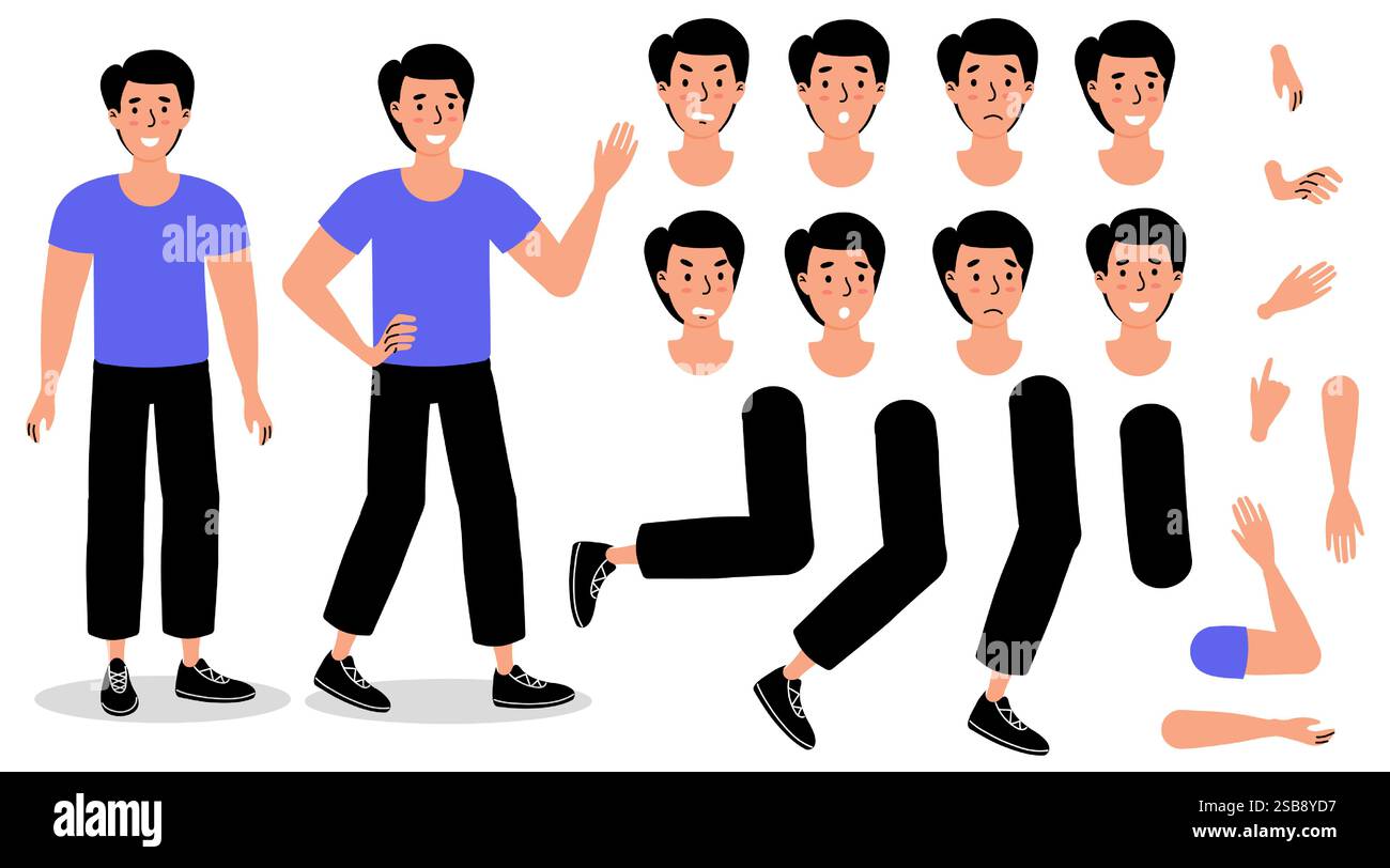 Illustration d'un personnage avec diverses expressions faciales et des poses corporelles dans un style de design plat Illustration de Vecteur
