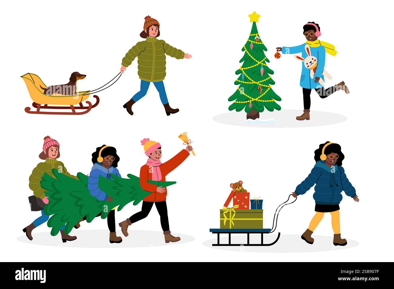 Festivités hivernales entre amis et en famille profitant des activités de vacances dans un environnement enneigé Illustration de Vecteur